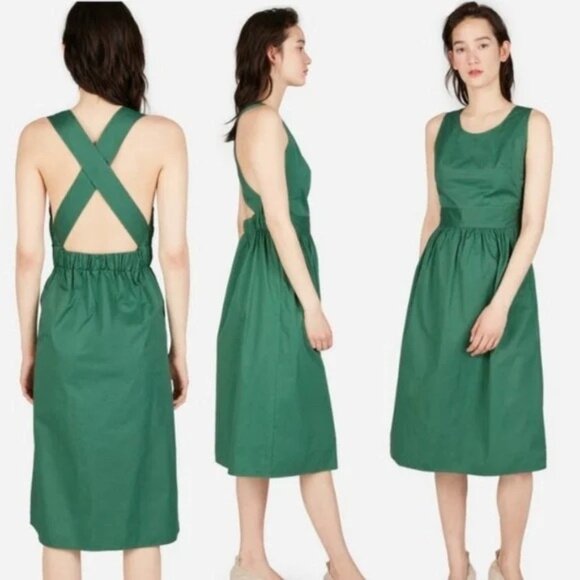 Everlane Emerald Green Clean Cotton Cross-Back Apron Midi Dress Size 2 - Picture 1 of 7
